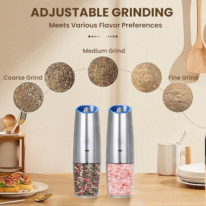 Rechargeable Gravity Salt Pepper Grinder Set, 2 Pack (Silver) | Gravity Automatic Grinder With LED Light & Adjustable Roughness, Rechargeable Seasoning Tool For Kitchen Use - color: Rechargeable/Set/Silver