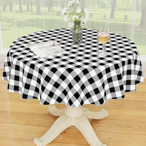 Smiry Plastic Table Cloth, Waterproof Vinyl Tablecloth with Flannel Backing, Wipeable Buffalo Plaid Table Cover for Picnic, Indoor and Outdoor (Black & White, 60" Round) - color: Black & White, size: 60" (Round)