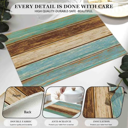 Mcalk Farmhouse Table Runner and Placemats Set of 6 Pieces, Teal and Brown Placemats Wooden Texture,Rectangle Cloth Place Mats Indoor for Kitchen,Washable Placemats Linen Material for Living Table - color: 01teal and Brown
