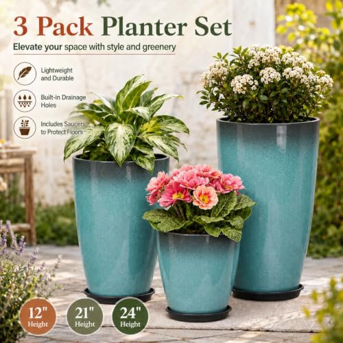 Neoaider Set of 3 Tall Planter, 24/21/12in Large Plastic Planter, Sky Blue | Ceramic-Look, Lightweight, Built-in Drain Hole, Saucers, Tall Outdoor Planter for Porch, Garden, Patio, Balcony - color: Sky Blue