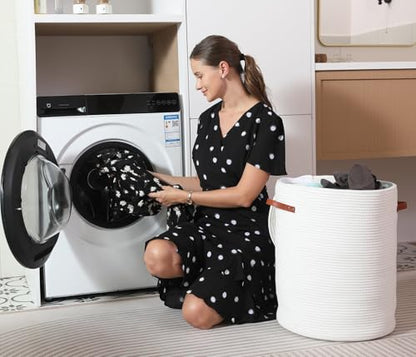16"x20" Extra Large Cotton Rope Basket with Zipper Lid, Woven Laundry Hamper and Blanket Storage Basket, Round Clothes Bin for Living Room Bedroom, White - color: All White