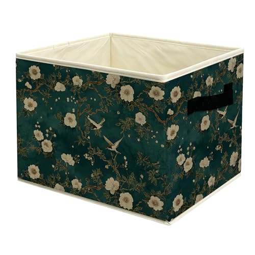 Vintage Chinoiserie Dark Teal Floral Bird Storage Basket Bin with Handles, Oriental Cottagecore Almond Blossom Botanical Collapsible Fabric Storage Organizer for Shelves Closet Clothes Toys - color: colour 12