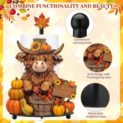 Highland Cow Fall Paper Towel Holder with Round Base Fall Bathroom Decor Rustic Highland Cow Dispenser Kitchen Paper Holder Stand for Countertop Toilet Home Accessories - style: Fall