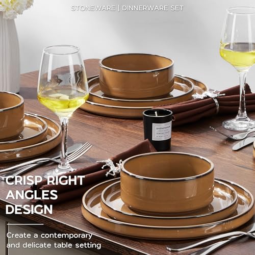Onader Stoneware Dinnerware Sets for 4, Plates and Bowls with Unglazed Terracotta Bottom, Elegant Kitchen Ceramic Dish Dishware Set, Reactive Glaze 12 Piece - Earthy Umber - color: Earthy Umber