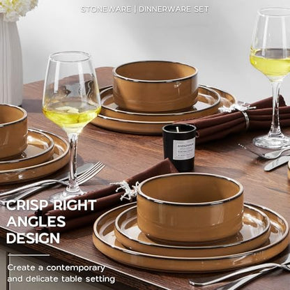 Onader Stoneware Dinnerware Sets for 4, Plates and Bowls with Unglazed Terracotta Bottom, Elegant Kitchen Ceramic Dish Dishware Set, Reactive Glaze 12 Piece - Earthy Umber - color: Earthy Umber