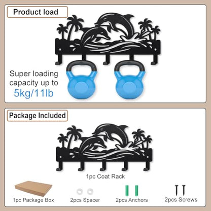 MAYJOYDIY Ocean Dolphin Metal Key Hook Marine Animal Coat Rack Wall Mounted 9.8×4.7inch Coconut Tree Black Art Wall Decor Key Holder with 5 Hooks for Gift Coats Hats Towels Bags Hanging - style: Ocean Dolphin