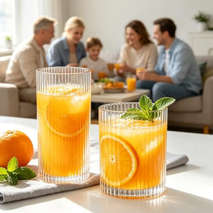 INSETLAN Set of 8 Vintage Glassware - 4 Highball Glasses 12 oz, 4 Rocks Glass Cups 14 oz, Ribbed Glassware Cocktail Glasses, Ideal for Wine, Juice, Water, Ice Coffee Cup, Whiskey, Mixed Drinkware