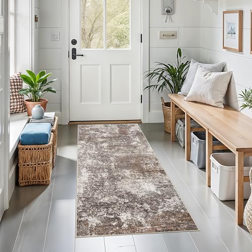 2x5 Washable Kitchen Rug Runner – Non-Slip Abstract Modern Neutral Small Rug for Bathroom, Hallway, Bedroom, Laundry Room, Entryway – Soft Low-Pile Thin with Rubber Backing (Brown Beige, 2x5) - color: Brown Beige, size: 2' x 5' (Rectangular)