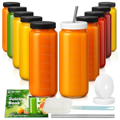 Ruckae 16oz 10 Pack Juice Bottles, Glass Bottles with Lids, Smoothie Cup Lids and Straws, Water Bottle Mason Jar Drinking Glasses for Juicing, Smoothies, Kombucha - color: Transparent, size: 16oz-10pack