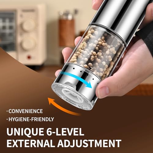 Electric Rechargeable Salt and Pepper Grinder Set - Automatic Grinder, External Adjustable Coarseness, LED Light, One-Hand Operation, Stainless Steel & Acrylic, USB Charging, Silver (Set of 2) - size: Silver