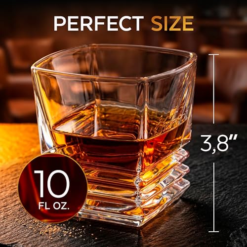 XRUSTAL Whiskey Glass Gift Set for Men, 10.5 oz Old Fashioned Crystal Glass with 3 Stone Whiskey Chilling Rocks, Bag and Wooden Gift-Ready Box, Bourbon Scotch Gift for Dad Husband Boyfriend (Wave)