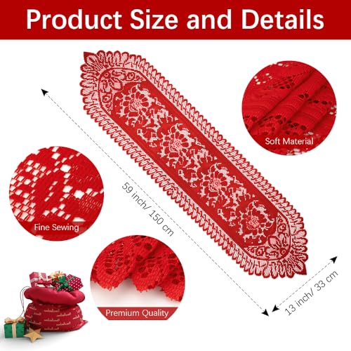 Christmas Table Runner Lace Table Runner Red Christmas Runner for Table Laces Runner Crochet Lace Table Runner Dresser Scarf Rectangular Laces Doilies for Christmas Wedding Home Dining Table Decor - size: 13 x 59 Inch, style: Red