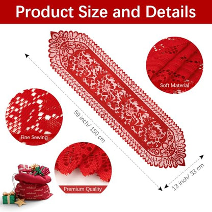 Christmas Table Runner Lace Table Runner Red Christmas Runner for Table Laces Runner Crochet Lace Table Runner Dresser Scarf Rectangular Laces Doilies for Christmas Wedding Home Dining Table Decor - size: 13 x 59 Inch, style: Red