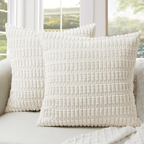 Pack of 2 Corduroy Decorative Throw Pillow Covers 18x18 Inch, Cream Beige | Soft Striped Farmhouse Boho Modern Home Decor Throw Pillow Covers for Couch Sofa Bedroom Living Room - color: Cream, size: 18" x 18" (Pack of 2)