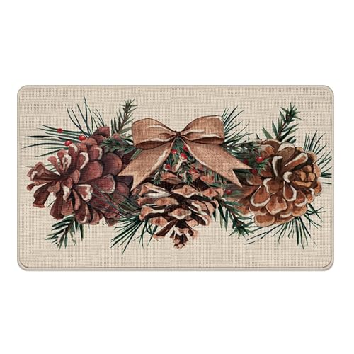 Winter Pine Cone Decorative Front Door Mat, Bow Pine Needle Red | Berry Welcome Doormat Indoor Outdoor Non-Slip Floor Entryway Rug, Christmas Seasonal Home Kitchen Decoration 24 x 35 Inches - size: 2' × 2'11" (Rectangular)