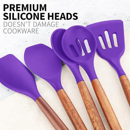 Zulay Kitchen 5 Piece Silicone Utensil Set | Non-Stick Silicone Cooking Utensils Set with Acacia Wood Handles - 464°F Heat Resistance Kitchen Utensils Set - Purple - color: Purple, size: 5-Piece Set