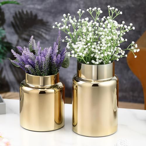 Large Glass Vase, Gold Glass Vase Set of 2, Large Flower Vases for Bouquet, Tall Wide Mouth Vases for Flowers, Home, Wedding, Living Room, Office Decor, 7"+9" - color: Gold, size: 7 Inch + 9Inch