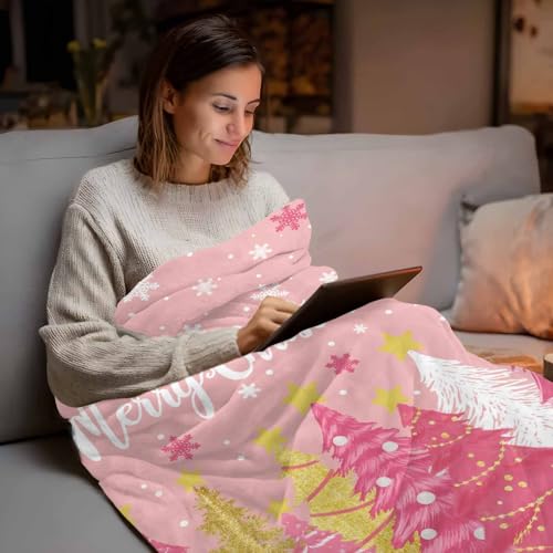 Pink Christmas Tree Throw Blanket, Merry Christmas Super Soft Warm Flannel Blankets for Bed Couch Sofa Gold White Pine Tree Snowy Lightweight Fluffy Plush Bed Throws 50x60 Inch - color: White Pink, size: 50''x60''