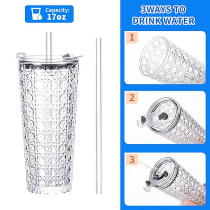 YUN TAO 16 oz Glass Cups with Lids and Straws, Set of 4 Clear Ribbed Glass Tumbler, Iced Coffee Cups with Lids Reusable