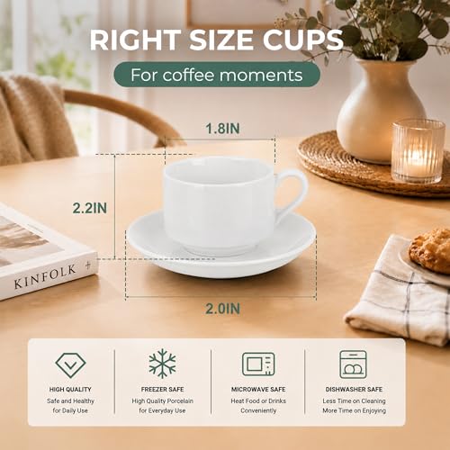 3 Ounce Espresso Cups Set of 4, White | Stackable Demitasse Mugs, Includes Display Stand, Cups Saucers, and Spoons, for Machines & Home Use - color: White