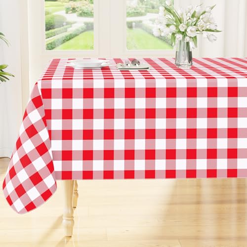Smiry Square Table Cloth, Waterproof Vinyl Tablecloth with Flannel Backing, Wipeable Buffalo Plaid Table Cover for Picnic, Indoor and Outdoor (Red & White, 54"x54") - color: Red & White, size: 54" x 54" (Square)