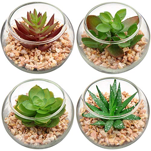 Briful Mini Fake Plants 4 Packs Cute Succulents Artificial Plants Potted Faux Succulents in Round Glass Vase for Bathroom Living Room Kitchen Shelf Table Decor - color: 4pcs Succulents#08