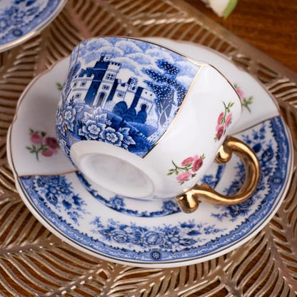 KAMMAK Tea Cups and Saucers Set of 2, Fine Bone China Coffee Cups, 582N | Stackable Espresso Mugs, Ceramic Demitasse for Coffee, Cappuccino, Latte, Americano, Tea - size: 7KPSP582N+583N