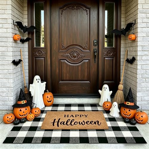 SEEKSEE Happy Halloween Doormat Set, Thick Coco Coir Door Mat + Black and White Buffalo Plaid Rug, Outdoor Layered Mat for Front Door Non-Slip Backing Floor Mat for Porch - color: Happy Halloween - Black White Plaid, size: 3' x 5' (Rectangular)