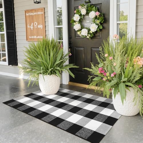 KIMODE Buffalo Plaid Outdoor Rug Runner Doormat 24'' x 51", Black/White Cotton Woven Checkered Fall Farmhouse Porch Rugs, Washable Indoor Door Mat for Front Layered Kitchen Bathroom Laundry Room | Checkered，Black and White,24"x51",Fall Farmhouse，Woven，Was
