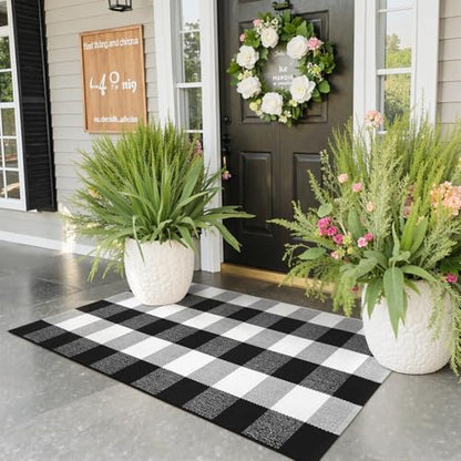 KIMODE Buffalo Plaid Outdoor Rug Runner Doormat 24'' x 51", Black/White Cotton Woven Checkered Fall Farmhouse Porch Rugs, Washable Indoor Door Mat for Front Layered Kitchen Bathroom Laundry Room | Checkered，Black and White,24"x51",Fall Farmhouse，Woven，Was