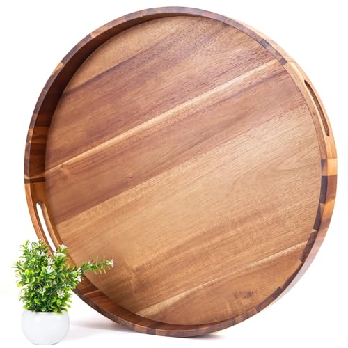 Extra Large Round Ottoman Coffee Table Tray, 22" Big Kitchen Serving Trays for Huge Ottoman Counter Giant Decorative Organizer, Huge Wood Serveware Tray with Built-in Handle for Big Job - color: 22" Round Tray - Acacia