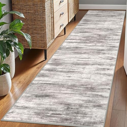 KOZYFLY Modern Abstract Hallway Runner Rug, 2.6x8 Washable Rug Runner Non-Slip Soft Striped Kitchen Runner Rugs, Print Grey/Light Beige/Brown Carpet Runner for Entryway Bathroom - color: Grey/Light Beige/Brown, size: 2'8" x 8' (Runner)