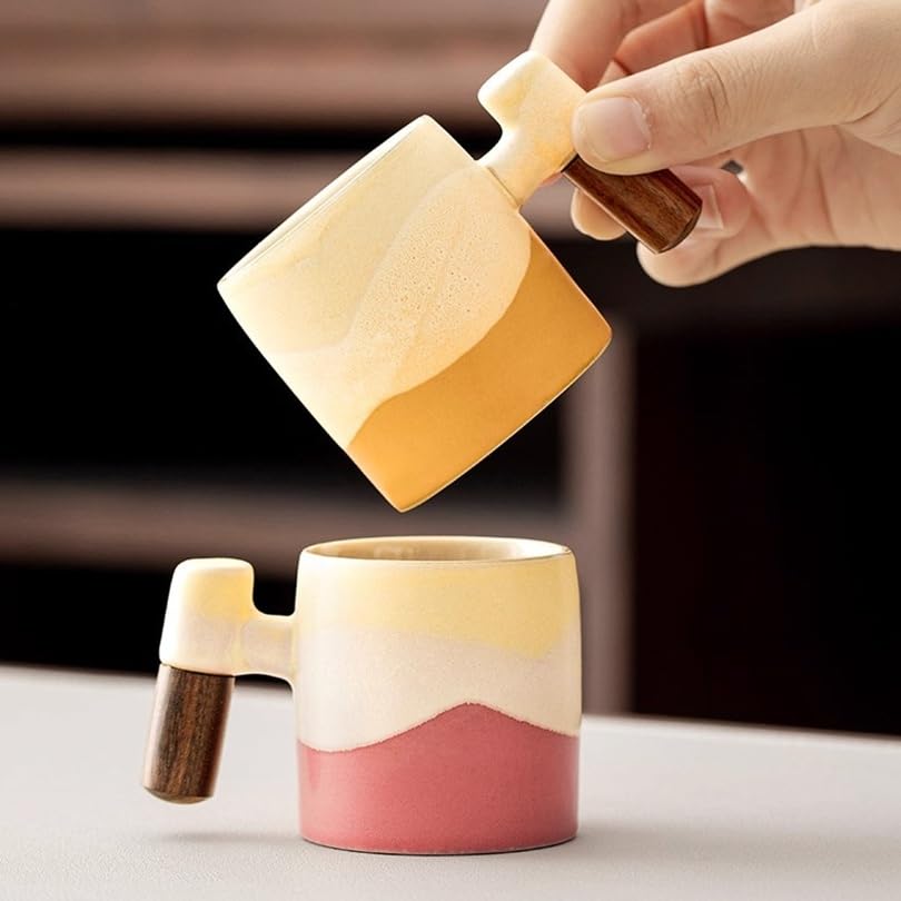 2.4oz Ceramic Espresso Cups Set of 4, Small Coffee Cups with Wooden Handle, Gradient Color Demitasse Cups, Ceramic Tea Cups Gift Box Packaging - color: Straight Handle
