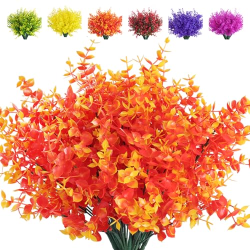 RECUTMS 8Pcs Artificial Outdoor Fall Mums Artificial Gold Eucalyptus Stems | Outdoor Fall Decor Fake Boxwoods Fillers Faux Flowers Outside Fake Potted Plants Faux Ferns For Autumn Spring Planter Large - color: Gold Eucalyptus, size: 8 Pcs