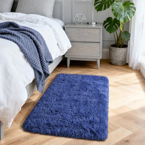 Modern Soft Fluffy Small Shaggy Rug for Bedroom Livingroom Dorm Kids Room Indoor Home Decorative, Non-Slip Plush Furry Fur Area Rugs Comfy Nursery Accent Floor Carpet 2 X 3 Feet, Light Navy - color: Light Navy, size: 2' x 3' (Rectangular)