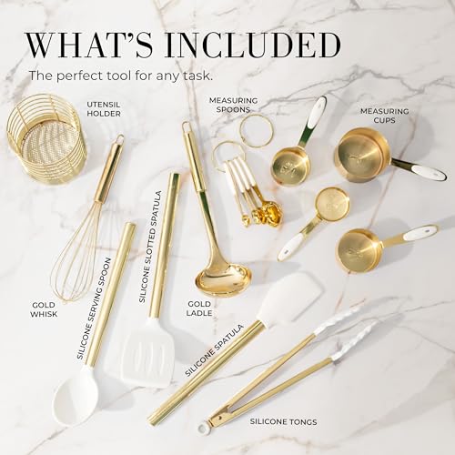 Styled Settings White and Gold Kitchen Utensils Set, 15-Piece | BPA free, Non-Scratch, Silicone Utensils Set Includes Measuring Cups and Spoons, White and Gold Kitchen Accessories - color: 15 Piece White & Gold