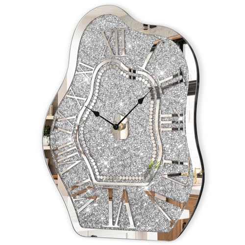 Modern Wall Clock for Living Room Decor Silver Crystal Crush Diamond Mirrored Clocks Irregular Mirror Clock Unique Wall Decorative for Bedroom Kitchen Dining Room - style: Cloud