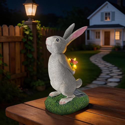 Solar Garden Rabbit Statue with LED Flowers, Grey Resin Hare Figurine Decor for Patio, Yard, Lawn Outdoor Ornament, Ideal Easter, Birthday Gifts for Women, Mother & Garden Lovers - color: Gray