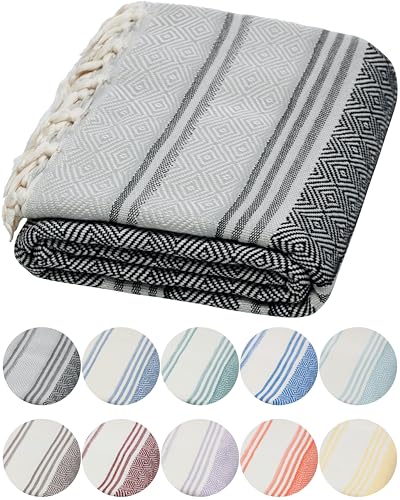 DEMMEX Organic Diamond Turkish Bath & Beach Towel | 100% Oeko-TEX Certified Cotton, Ultra-Soft, Quick-Dry, Lightweight, Compact & Oversized Luxury Peshtemal Towel, Prewashed, 71"x36", Black Gray - color: Black-grey