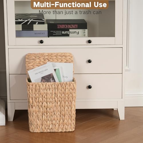 iEGrow Wicker Trash Can, Bathroom Trash Can with Lid, 3 Gallon Natural Water Hyacinth Waste Basket with Removable Liner, for Bedroom, Living Room, Toilet, Under Sink - color: Brown, size: Square