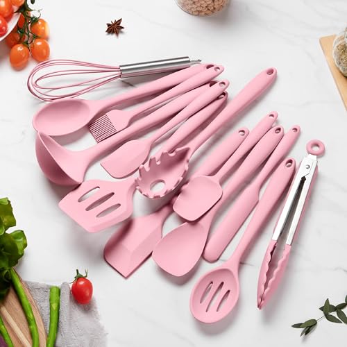 LIANYU 14 Pcs Silicone Cooking Utensils Set with Holder, Pink | Kitchen Utensils Set for Non-Stick Cookware, 446°F Heat Resistant Cooking Tools with Comfort Grip Handle, Dishwasher safe - color: Pink