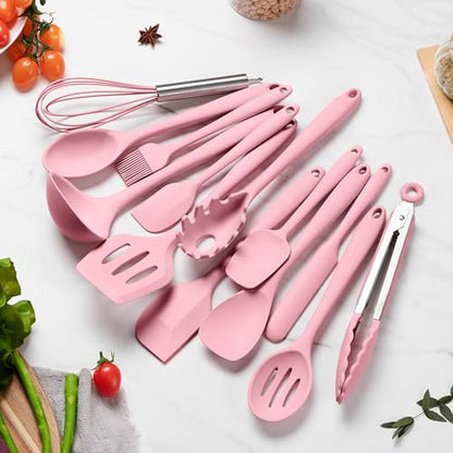 LIANYU 14 Pcs Silicone Cooking Utensils Set with Holder, Pink | Kitchen Utensils Set for Non-Stick Cookware, 446°F Heat Resistant Cooking Tools with Comfort Grip Handle, Dishwasher safe - color: Pink