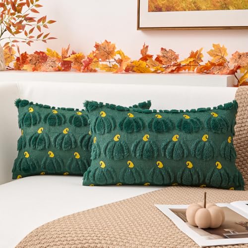 Kevin Textile Fall Pumpkins Pillow Covers 12x20 Inch Set of 2 Autumn Embroidery Decorative Lumbar Throw Cushions Soft Faux Fur Harvest Gift for Couch Sofa Chair Bedroom Halloween Decor, Green - color: Dark Green Pumpkin, size: 20" x 12" (Pack of 2)