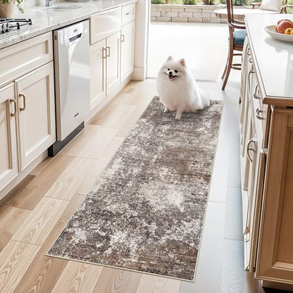 2x5 Washable Kitchen Rug Runner – Non-Slip Abstract Modern Neutral Small Rug for Bathroom, Hallway, Bedroom, Laundry Room, Entryway – Soft Low-Pile Thin with Rubber Backing (Brown Beige, 2x5) - color: Brown Beige, size: 2' x 5' (Rectangular)