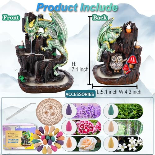 Dragon Backflow 2 Sided Mountain Waterfall Incense Burner,Fountain Smoke Incense Holder with Backflow Incense Cones, Tweezers, Mat，Resin Aromatherapy Meditation (Green) - color: Green