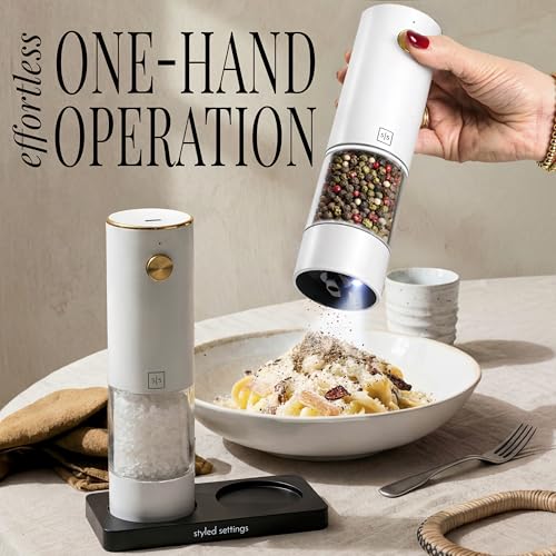 Styled Settings Rechargeable White Electric Salt and Pepper Grinder Set | Automatic Salt and Pepper Shaker Set with USB-C Port, LED Light, Adjustable Coarseness, One Touch Control, Stainless Steel - color: White