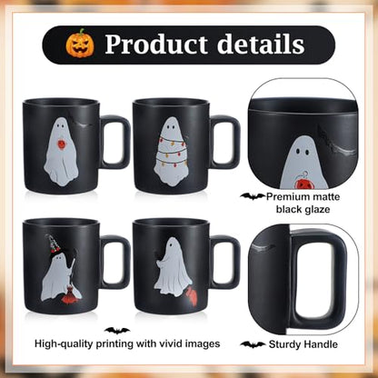 Halloween Mugs Mixed Set of 4, Scary Squad Stoneware Mugs 12 oz Ceramic Ghost Coffee Cup Black Drinking Cup Ghost Designs for Coffee, Tea, Halloween Decor Gifts, 3.3 x 3.7 Inch