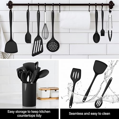 HaWare 11 PCS Silicone Cooking Utensils Set, Black | Heat Resistant, Kitchen Utensils with Holder, Food-grade Spatula Sets for Nonstick Cookware, Include Fish Turner, Spoon - color: Black