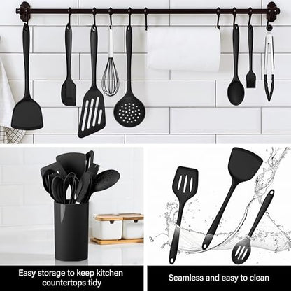 HaWare 11 PCS Silicone Cooking Utensils Set, Black | Heat Resistant, Kitchen Utensils with Holder, Food-grade Spatula Sets for Nonstick Cookware, Include Fish Turner, Spoon - color: Black