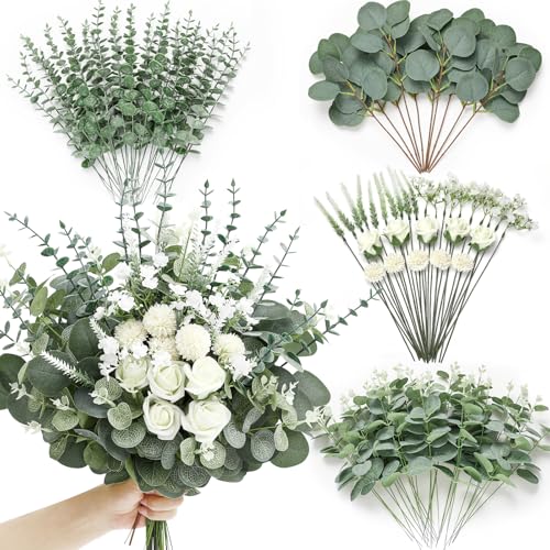 Serwalin 100PCS Mixed Artificial Eucalyptus Stems Bulk with Greenery Leaves | 7 Kinds Faux Silver Dollar Eucalyptus Stems with Flowers for Wedding Centerpieces, Bouquets, DIY Arrangements & Home Decor - color: Green-100pcs